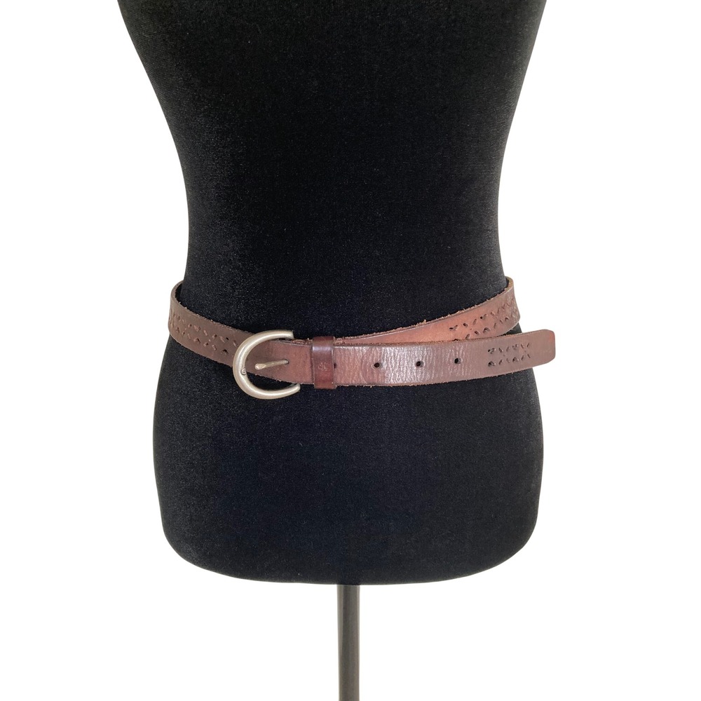 Calvin Klein Jeans Brown Leather Laser Cut Belt Silver D-Ring Buckle Medium